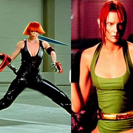 Image similar to leeloo from fifth element fighting beatrix kiddo from kill bill with mantis blades in cyberspace