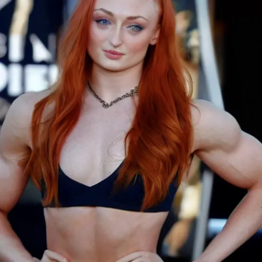 Prompt: muscular sophie turner showing her abs, glisten, high resolution, hard light, cnn, afp, reuters