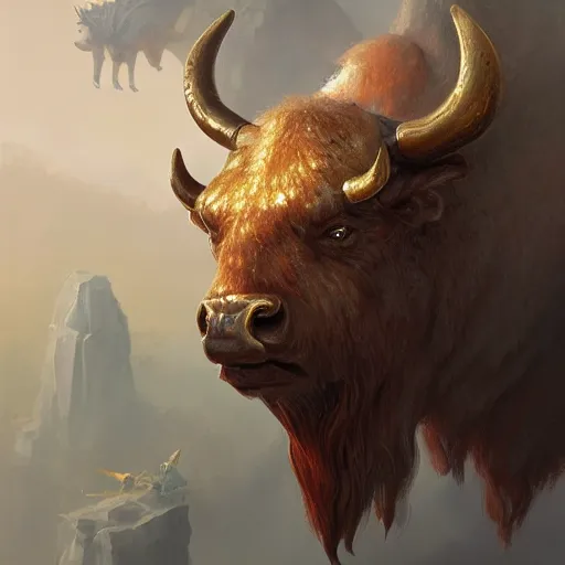 Image similar to primitive golden bison idol, d & d, fantasy, portrait, digital painting, trending on artstation, concept art, sharp focus, illustration, art by artgerm and greg rutkowski and magali villeneuve