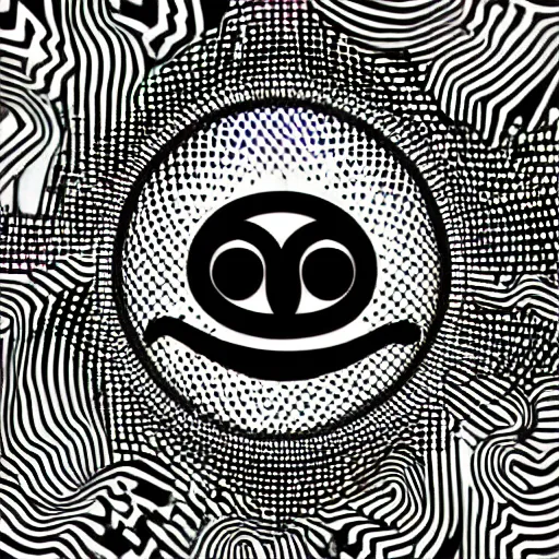 Image similar to acid house music rave graphics psychedelic illustration smiley ecstasy dnb jungle pill graffiti detailed, only black and white and yellow, stripes - c 5