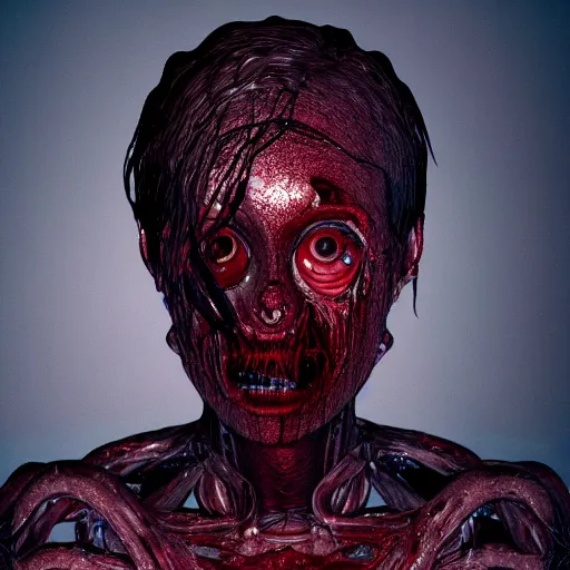 Image similar to octane render of a body horror humanoid, sharp dark shadows, black and red color palette by trevor henderson and junji ito