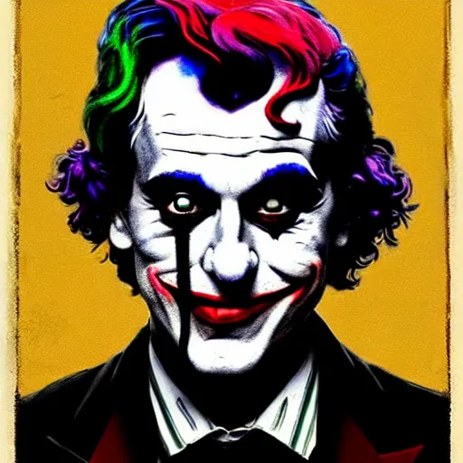 Image similar to ilya yefimovich repin and mimmo rottela and banksy as joaquin phoenix skinny joker, holding hand, lady gaga harley queen, ultra photorealistic, intricate details, pop art style, concept art, confident posse, justify content center, 2 colours, warm color, 4 k, ultra smooth, sharp focus