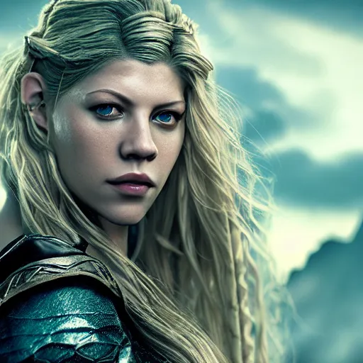 Prompt: portrait art of katheryn winnick, lagertha. vikings, 8 k ultra realistic, lens flare, atmosphere, glow, detailed, intricate, full of colour, cinematic lighting, trending on artstation, 4 k, hyperrealistic, focused, extreme details, unreal engine 5, cinematic, masterpiece