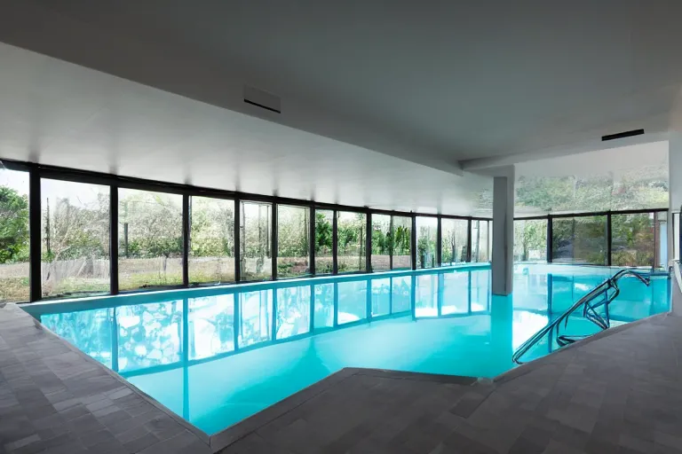 Prompt: poolrooms, modern indoor pool, grey tiling, liminal space