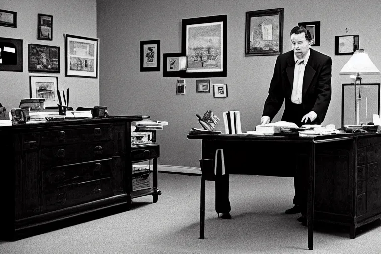 Image similar to cinematic film still from 1994 film: portly clean-shaven white man wearing suit and necktie at his desk. He has his right foot propped up on his desk. XF IQ4, f/1.4, ISO 200, 1/160s, 8K, RAW, dramatic lighting, symmetrical balance, in-frame