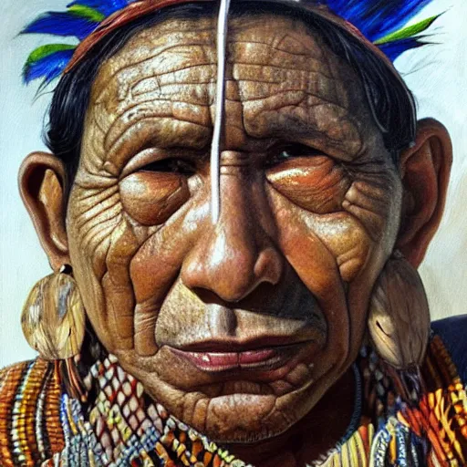 Image similar to high quality high detail painting by lucian freud, hd, portrait of a indigenous tribe leader, photorealistic lighting