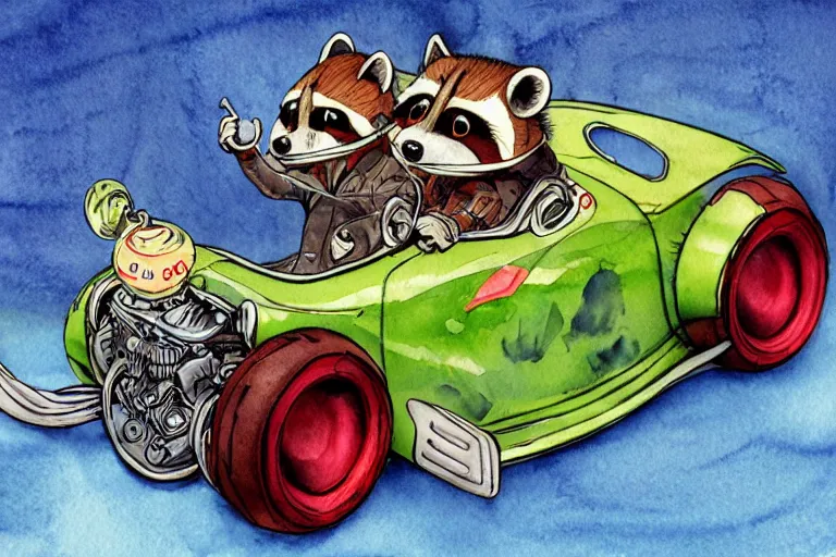 Image similar to racoon riding in a tiny hot rod coupe with oversized engine, ratfink style by ed roth, centered award winning watercolor pen illustration, by chihiro iwasaki, edited by range murata