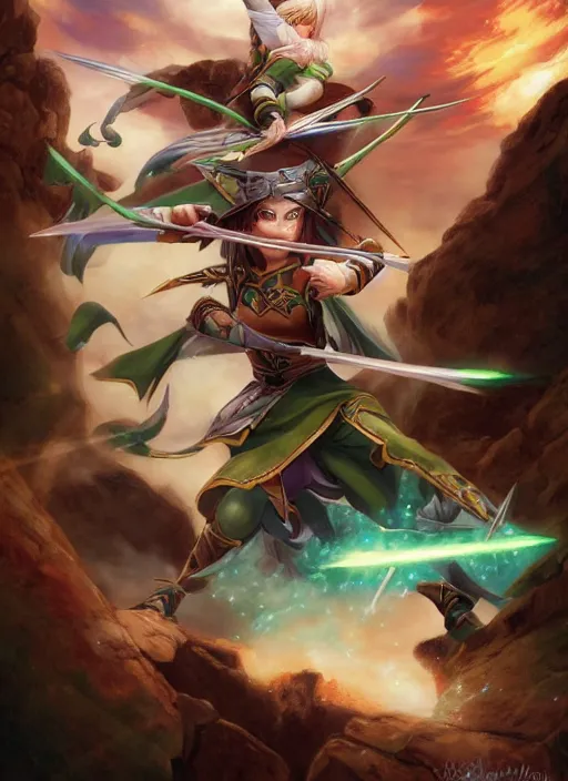 Prompt: elf archer unleashing ultimate attack by adrian smith and vladimir volegov and alexander averin and delphin enjolras