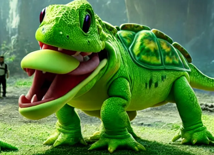 Image similar to film still of yoshi in the new sci - fi movie, cute upright dinosaur with a small turtle shell and long tongue, 8 k