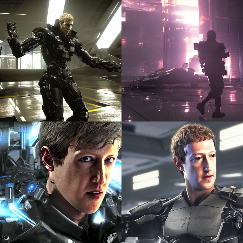 Prompt: Mark Zuckerberg as Sundowner from Metal Gear Rising Revengeance, scifi, moody lighting, boss battle cutscene