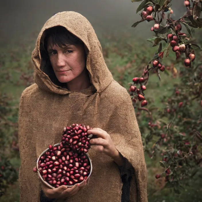 Image similar to a closeup portrait of a woman wearing a hood made of holes and rusted nails, picking pomegranates from a tree in an orchard, foggy, moody, photograph, by vincent desiderio, canon eos c 3 0 0, ƒ 1. 8, 3 5 mm, 8 k, medium - format print