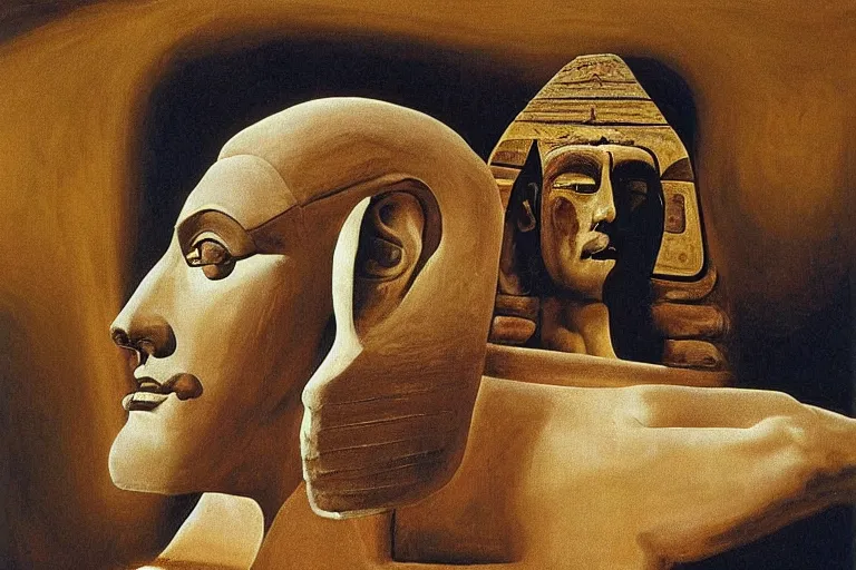 Image similar to john cleese as the sphinx, the sphinx with the head of john cleese, young john cleese's head on the sphinx, painting by salvador dali