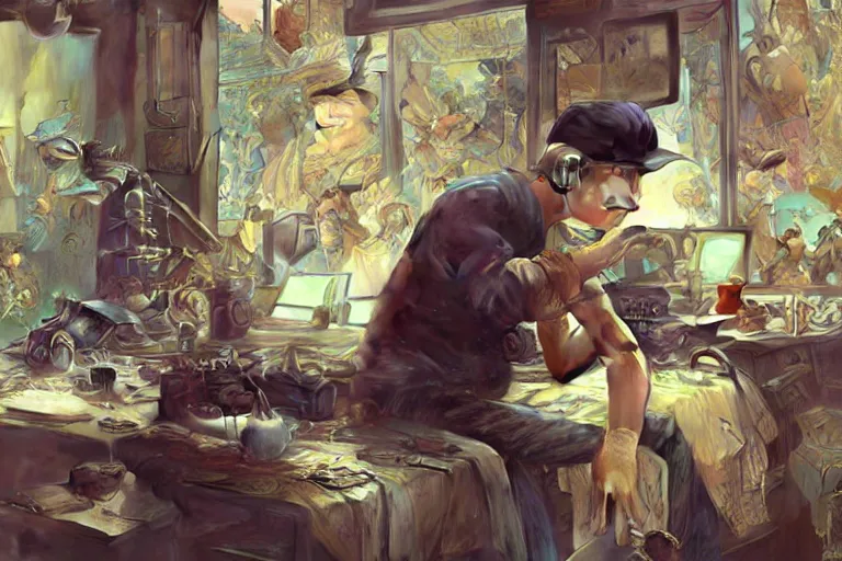 Image similar to a computer graphics artist man with a ballcap in a messy room at the computer animating, ultra realistic, concept art, intricate details, serious, highly detailed, photorealistic, octane render, 8 k, unreal engine. art by artgerm and greg rutk owski and alphonse mucha