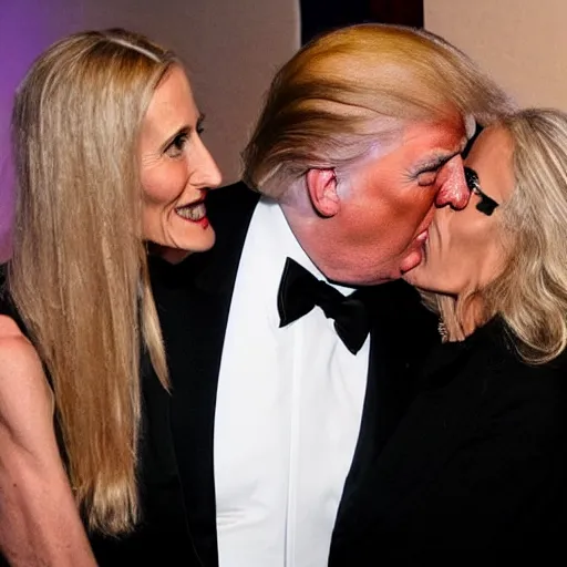 Image similar to donald trump in black tuxedo kissing ann coulter in a nightclub.