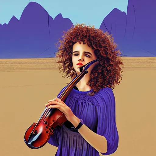 Image similar to curly haired girl wearing dress playing the violin in desert, digital art, ultra realistic, illustration