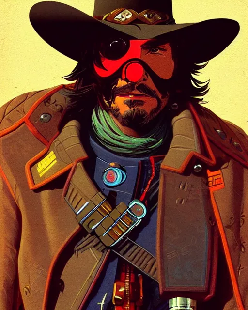 Image similar to mccree from overwatch, cyber space cowboy, character portrait, portrait, close up, concept art, intricate details, highly detailed, vintage sci - fi poster, retro future, vintage sci - fi art, in the style of chris foss, rodger dean, moebius, michael whelan, and gustave dore