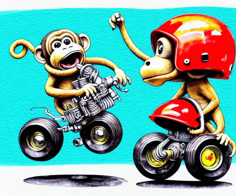 Prompt: cute and funny, monkey wearing a helmet riding in a tiny hot rod with oversized engine, ratfink style by ed roth, centered award winning watercolor pen illustration, isometric illustration by chihiro iwasaki, edited by range murata, tiny details by artgerm, symmetrically isometrically centered