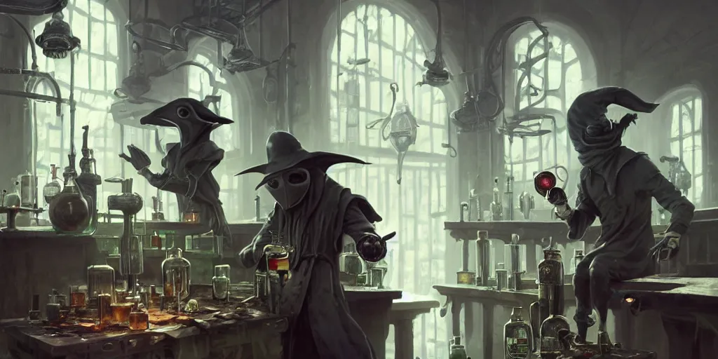 Image similar to a plague doctor and a humanoid rat in a laboratory with lots of flasks filled with magic liquids, stephen bliss, unreal engine, fantasy art by greg rutkowski, loish, rhads, ferdinand knab, ilya kuvshinov, rossdraws, tom bagshaw, global illumination, radiant soft light, detailed and intricate environment