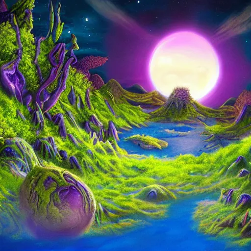 Image similar to fantasy alien planet landscape indigo, purple, and cyan strange succulent type colorful plants and unusual trees, crater pond with water and ringed planet rising on the horizon detailed airbrushed luminescent oil painting trending on artstation 4 k