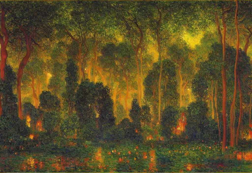 Prompt: Lothlorien at night, elven forest town with houses in the trees, as painted by Claude Monet, Maxfield Parrish, Roger Dean