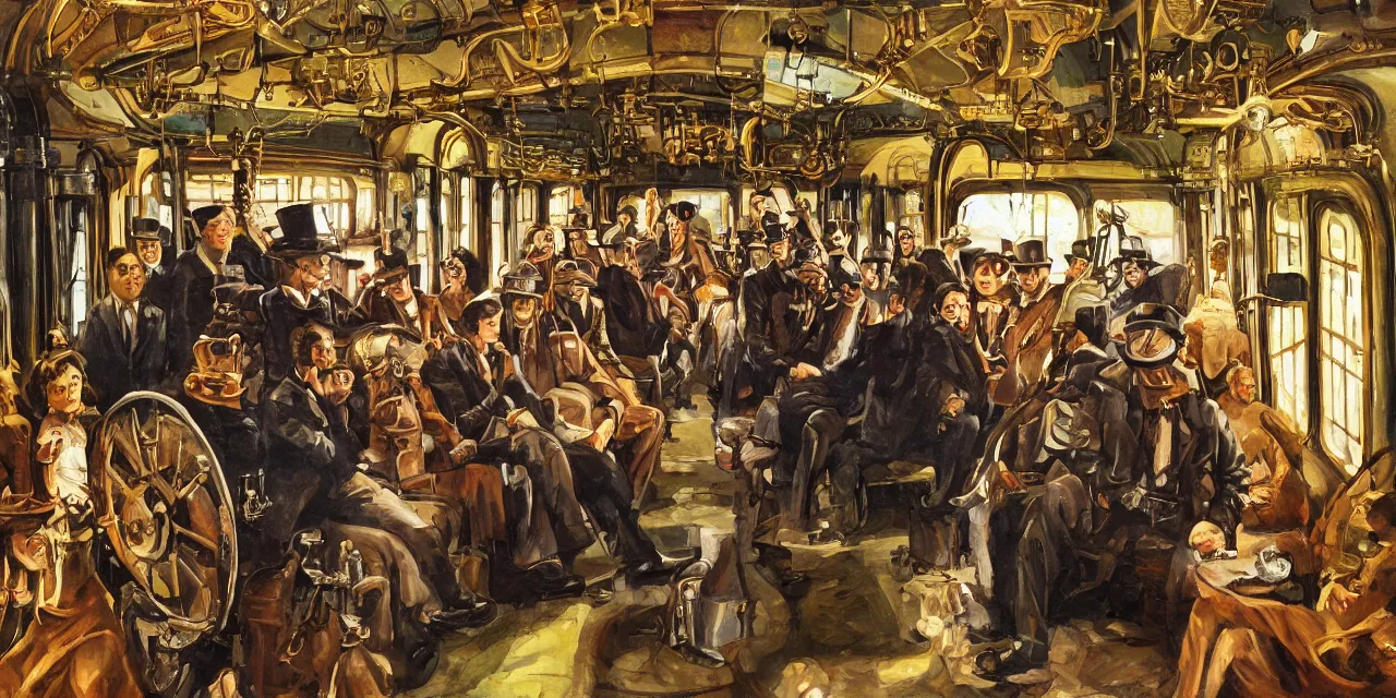 Prompt: Steampunk train scene from pulp fiction novel, small crowd of people and one pan handler with monkey (oil paint on canvas)