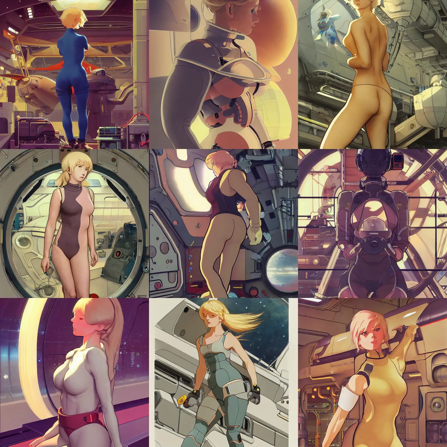 Prompt: spaceship mechanic at work in a busy docking bay, blonde, bodysuit, finely illustrated face, highly detailed, colored pencil, studio ghibli, tankobon, in the style of ilya kuvshinov and krenz cushart and william - adolphe bouguereau and alphonse mucha