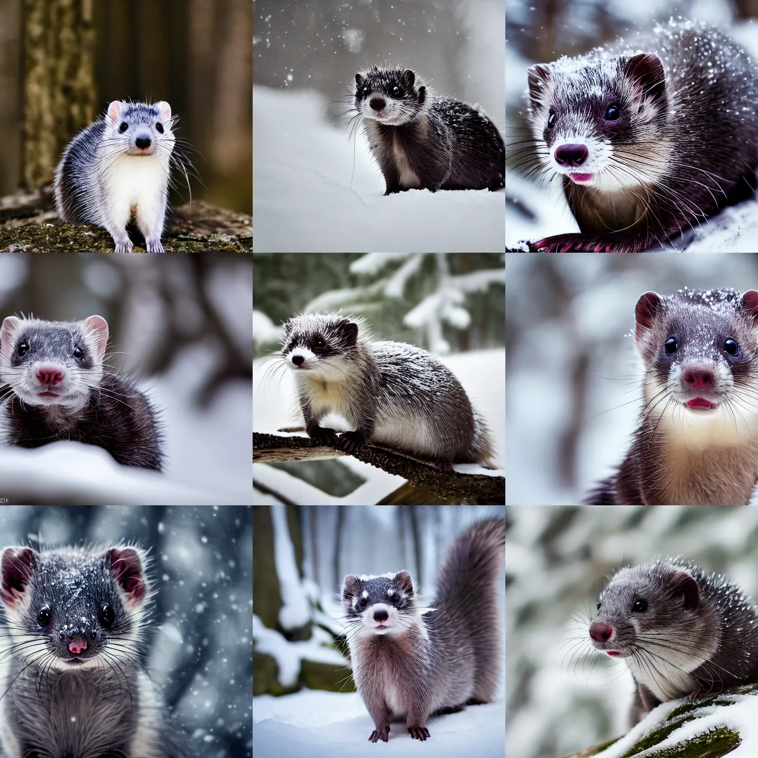 Prompt: Nature photo of a gray ferret in a snowy forest, dslr