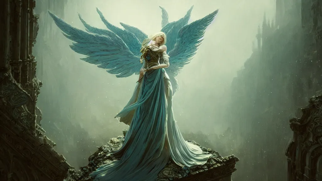 Image similar to angel, big wings, low key light, full plate armor with cloth, f 1 6, bokeh, medium portrait, gentle, female, ornate city ruins, landscape, d & d, fantasy, intricate, elegant, highly detailed, teal white gold color palette, roger deakins, sharp focus, concept art, greg rutkowski and alphonse mucha