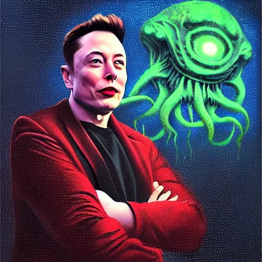 Prompt: UHD photorealistic Elon Musk and Cosmic Cthulhu in a hot tub, in the style of tonalism by Greg Rutkowski, trending on Artstation, hyperrealistic, correct details, symmetrical faces