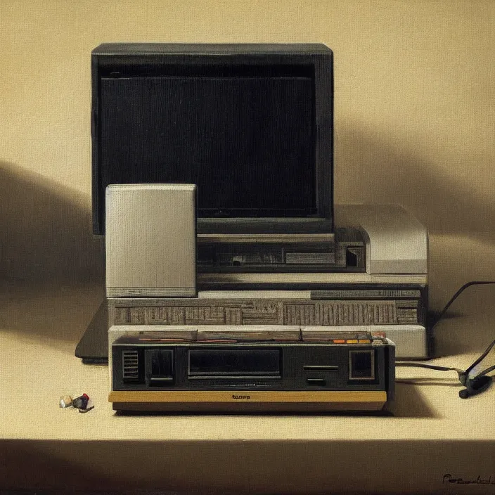 Prompt: still life painting of a retro monitor and a commodore 6 4 by pieter claesz, oil on canvas, strong lighting, highly detailed, hyper realism, golden hour, god rays, hd, 4 k