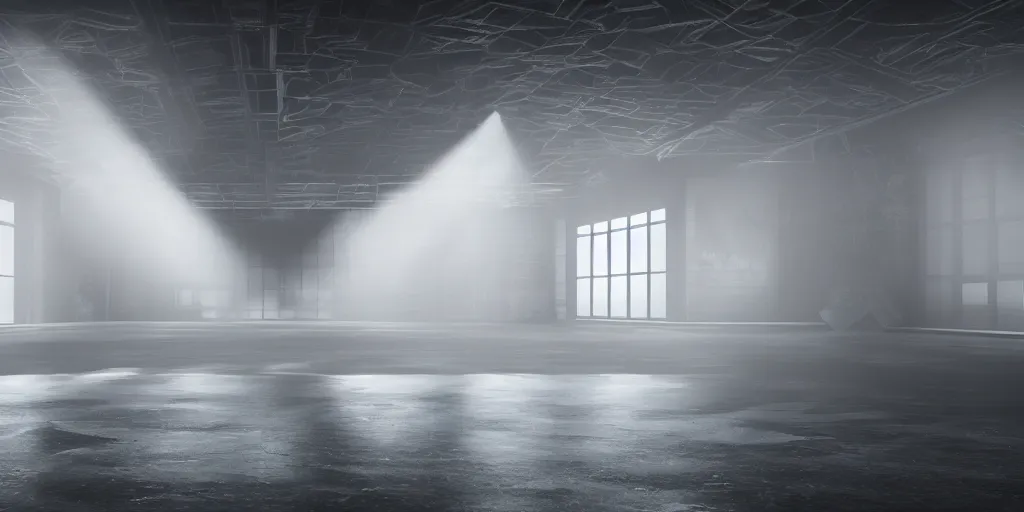 Image similar to a long angle shot of a big dark room with white lights on the celling, highly detailed, unreal engine, 4 k, dark, moody, game render, hyper realistic