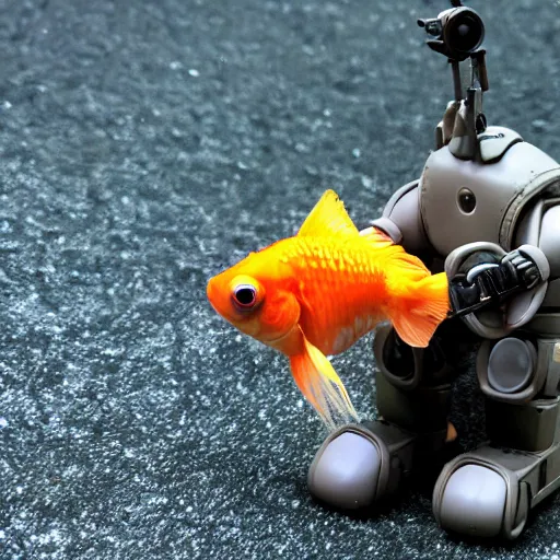 Prompt: a goldfish in the head of a mech suit,