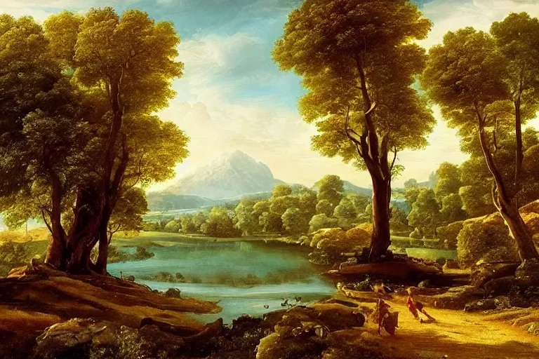 Prompt: beautiful landscape with river and oak trees, mythology, fantasy, landscape background, vivid colors, digital painting, very detailed, realistic, high quality, by claude lorrain