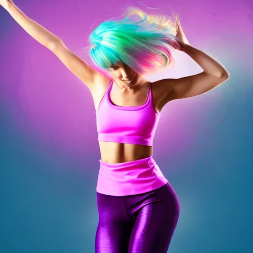 Image similar to a award winning half body shot of a beautiful woman in a croptop and leggings with a ombre purple pink teal hairstyle with head in motion and hair flying, outrun, vaporware, highly detailed, fine detail, intricate