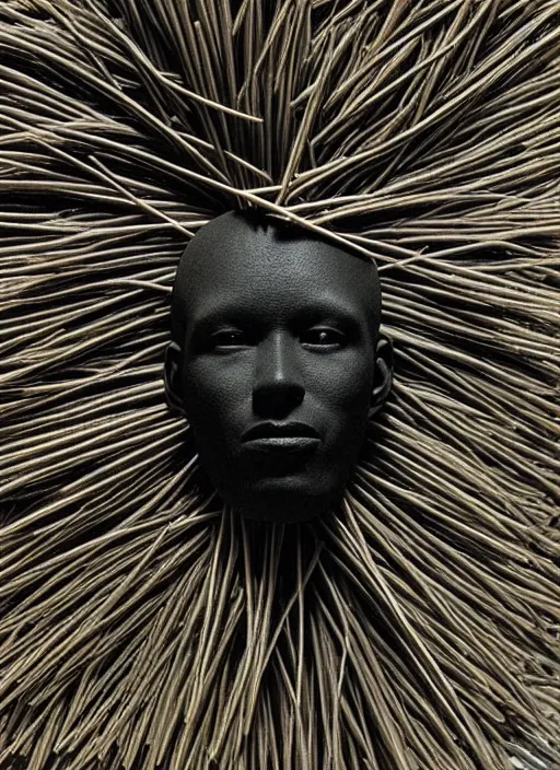 Image similar to realistic photo of a full - height model of human head made of black rubber realistic made of black clay, covered in very very long hay spikes needles, center straight composition, 2 0 0 0, life magazine photo, museum archival photo