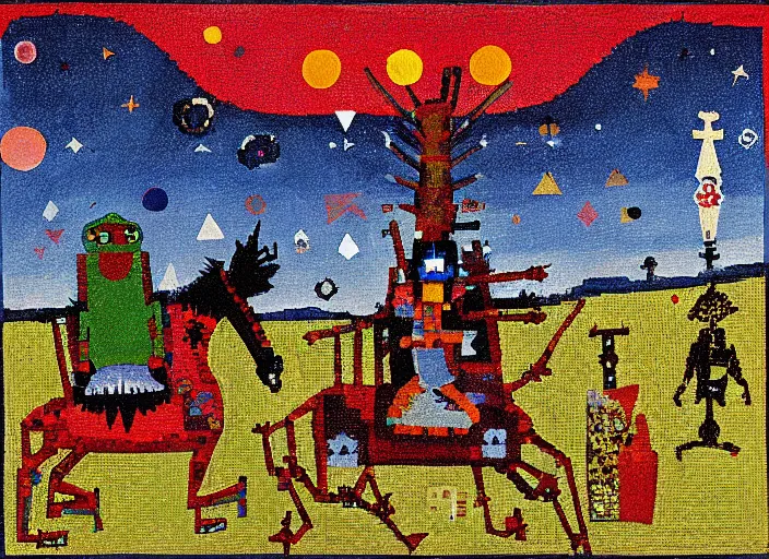 Image similar to pixel decollage painting tarot lovers card composition tower of babel road red armor maggot bear and wonky alien frog skeleton knight on a horse in a dark red cloudy night sky with golden foil jewish stars and diamonds, mountain lake and blossoming field in background, painted by Mark Rothko, Helen Frankenthaler, Danny Fox and Hilma af Klint, pixelated, neo expressionism, semi naive, pastel colors, cinematic, color field painting, cave painting, voxel, pop art look, outsider art, minimalistic. Bill Traylor painting, part by Philip Guston, Amano and Francis Bacon. art by Adrian Ghenie and Storm Thorgerson, very coherent symmetrical artwork, cinematic, hyper realism, high detail, octane render, unreal engine, Smooth gradients, depth of field, full body character drawing, extremely detailed, 8k, extreme detail, intricate detail, masterpiece