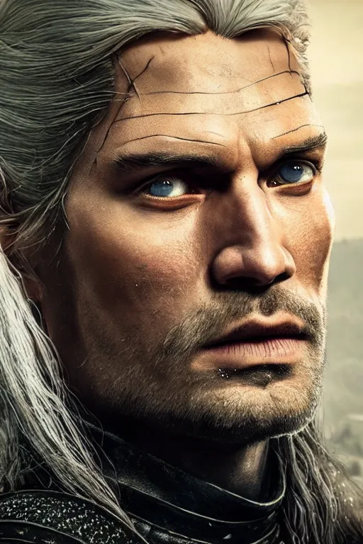 Prompt: the witcher, nikolaj coster - waldau face!!!, masterpiece portrait, white hair, highly detailed face, ultra realistic, concept art, intricate details, highly detailed, photorealistic, octane render, 8 k, unreal engine. horror film still, heavy grain, 3 5 mm, art by artgerm and greg rutkowski and alphonse mucha