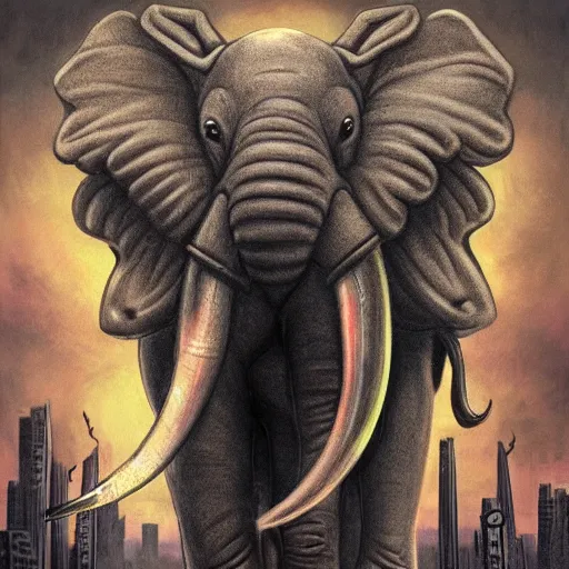 Image similar to lovecraftian elephant with tendrils invading a city, hyperrealistic