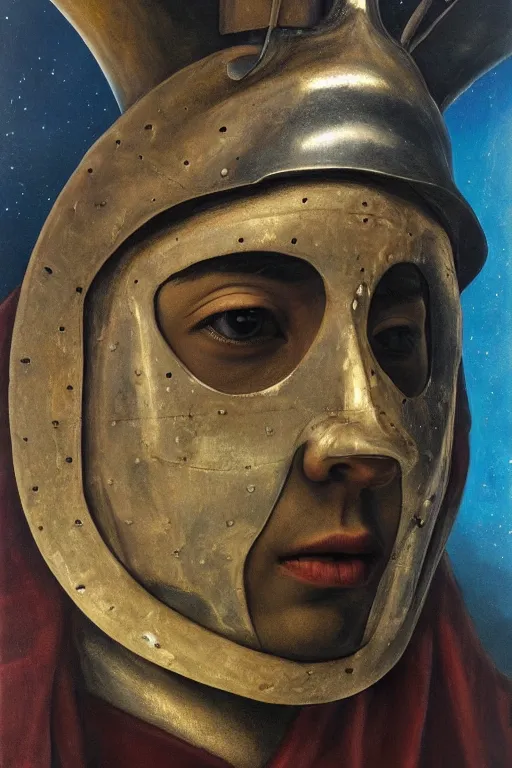 Image similar to hyperrealism oil painting, close - up portrait of face hiding in stingray medieval fashion model, knight, steel gradient mixed with nebula sky, in style of baroque mixed with 7 0 s book art