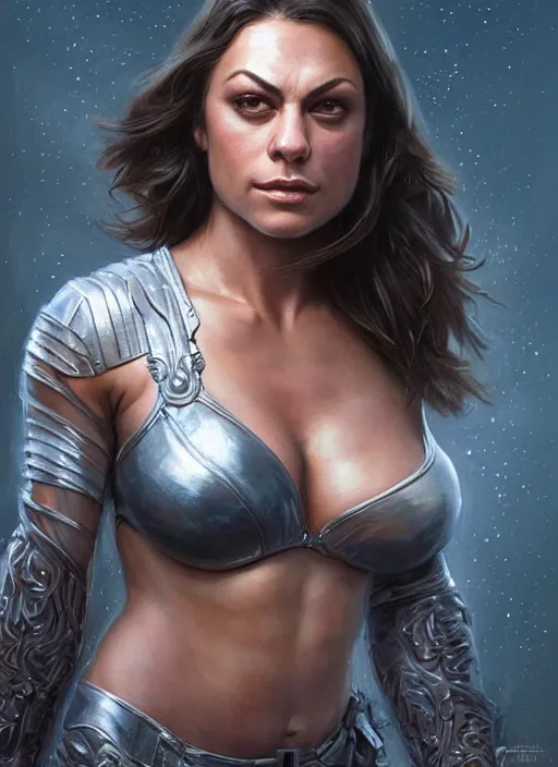 Image similar to muscled Mila Kunis grinning as a ruggedly handsome heroine, intricate, elegant, highly detailed, centered, artstation, concept art, smooth, sharp focus, illustration, bokeh art by artgerm and donato giancola and Joseph Christian Leyendecker, WLOP