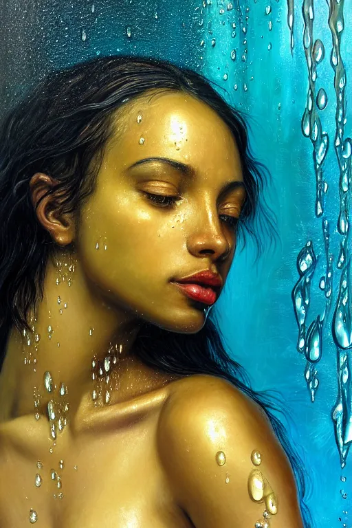 Image similar to hyperrealistic precisionist cinematic profile very expressive! oshun goddess, in water! john everett millais, mirror dripping droplet!, gold flowers, highly detailed face, digital art masterpiece, smooth eric zener cam de leon, dramatic pearlescent turquoise light on one side, low angle uhd 8 k, shallow depth of field