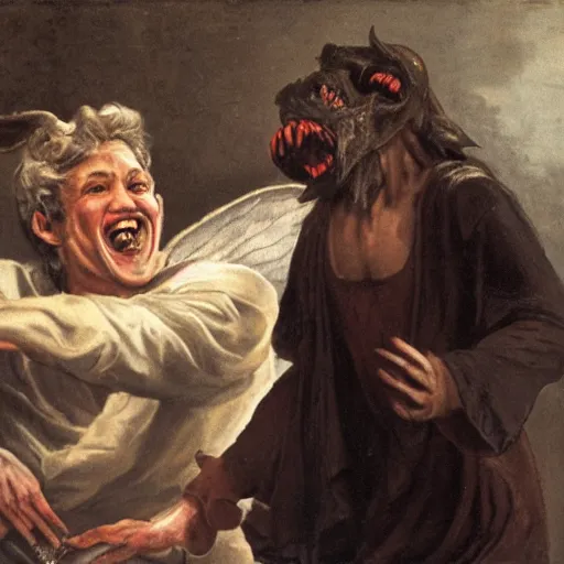 Prompt: an angel laughing at a devils joke