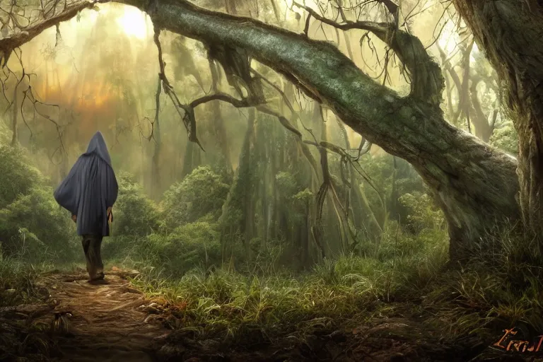 Prompt: ancient wizard walking through the forest looking up a tree during a beautiful sunset, jungle mountains in the background with huge incredibly immense trees, highly detailed, hyperrealism high detailed figure, trending on art station, ancient forest like fanal forest or fangorn forest, misty forest, realistic painting, sharp image, hyper realistic art, highly detailed leaves, cinematic