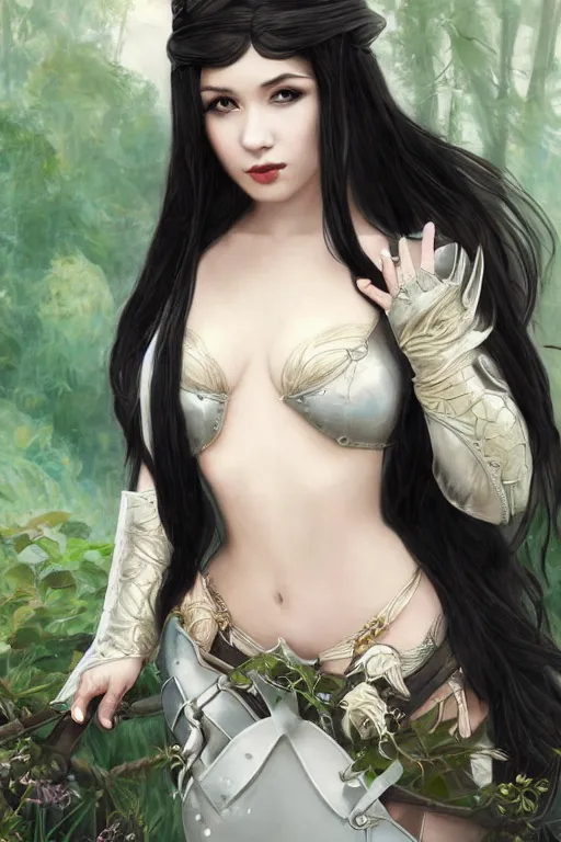 Image similar to eloquent young elf queen with long black hair, full body portrait, gorgeous, seductive, realistic, leather armor and cloak, leather gloves, digital art, path traced, highly detailed, high quality, lively, sakimi chan, alphonse mucha, leesha hannigan