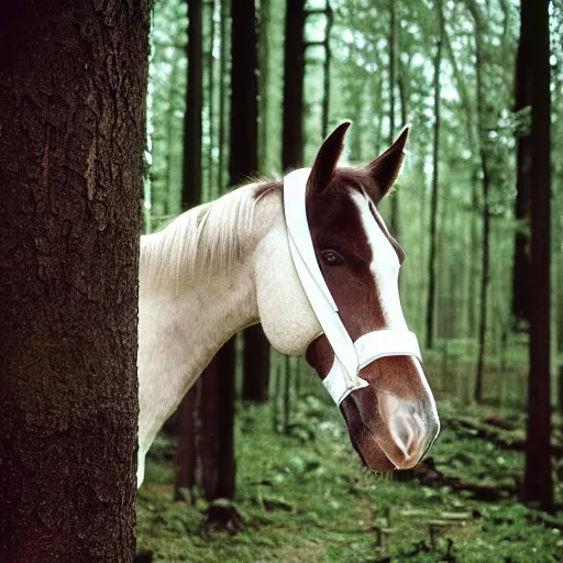 Prompt: 120mm photograph of a horse, wearing a white fly mask, forest , Photo is shot using a Rolleiflex TLR, with Kodachrome film,