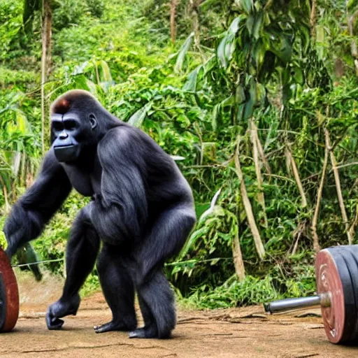 Prompt: gorilla lifting weights in the jungle