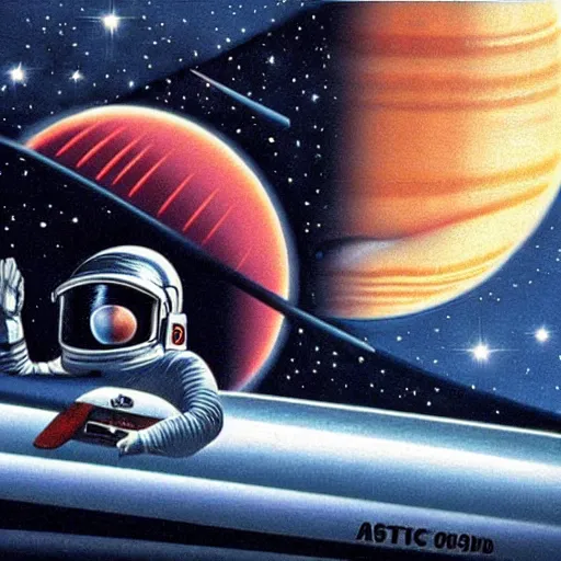 Image similar to retro sci fi art of an astronaut next to jupiter in a car,