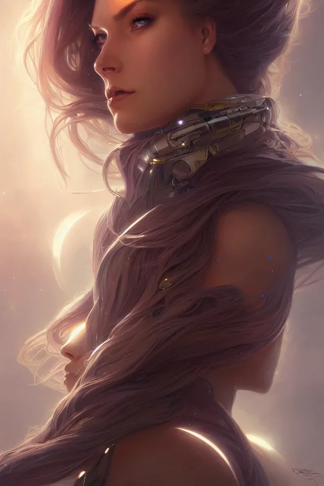 Image similar to futuristic woman portrait, sci-fi, amber eyes, face, long hair, fantasy, intricate, elegant, highly detailed, digital painting, artstation, concept art, smooth, sharp focus, illustration, art by artgerm and greg rutkowski and alphonse mucha