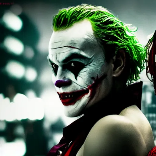 Image similar to heath ledger joker and margot robbie as harley quinn, cinematic, close up, anomorphic lens, low lighting