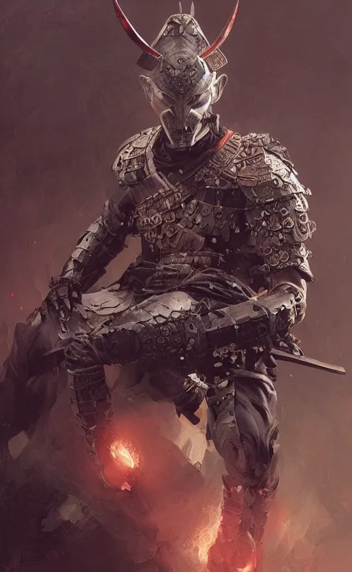 Image similar to samurai on his knee, symmetrical facial features, front game card, drark, marvel comics, dark, intricate, highly detailed, smooth, artstation, digital illustration by ruan jia and mandy jurgens and artgerm and wayne barlowe and greg rutkowski and zdislav beksinski